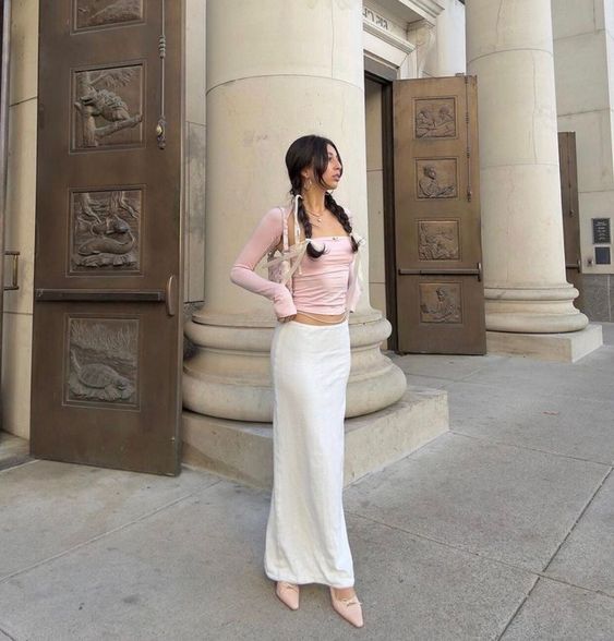 Pink Top with White Maxi Skirt and Heels